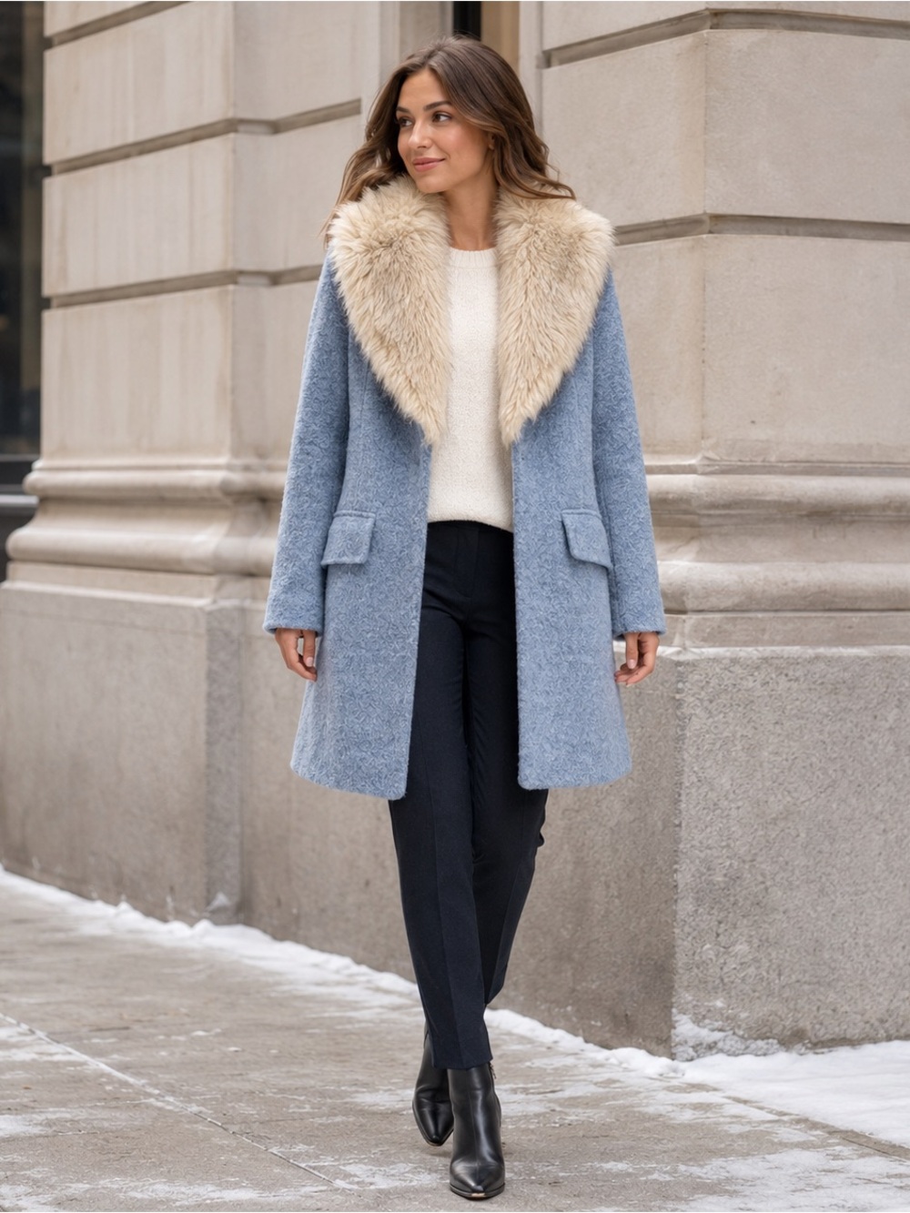 Belle Badgley Mischka Holly Wool Blend Faux Fur Collar Designer Coat Size XS
